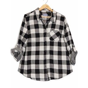 womens 1X Laura Scott blouse black white plaid gauzy cotton roll tab collared